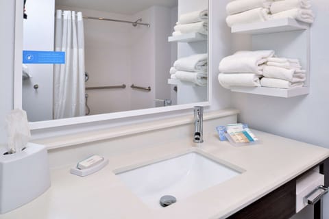 Combined shower/tub, free toiletries, hair dryer, towels