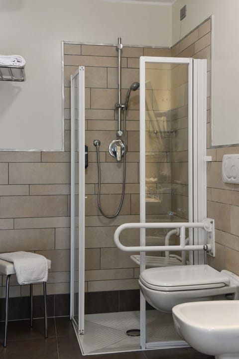 Shower, hair dryer, bidet, towels