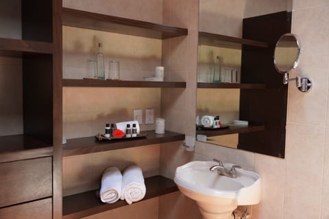 Deluxe Studio Suite | Bathroom | Shower, rainfall showerhead, hair dryer, towels