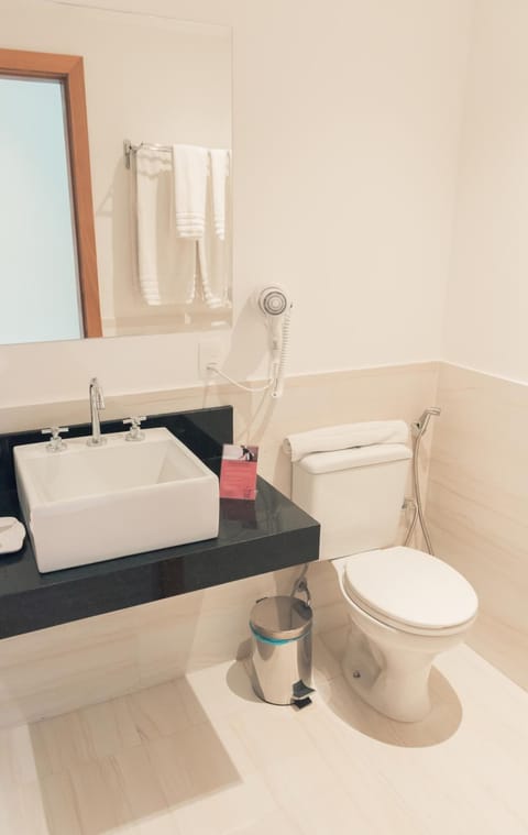 Hair dryer, bathrobes, towels, soap