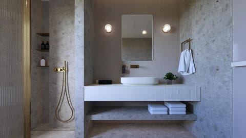 Shower, free toiletries, hair dryer, towels