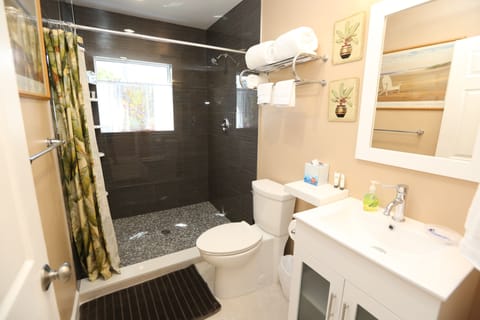 Shower, rainfall showerhead, free toiletries, hair dryer