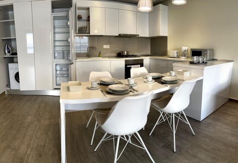 Deluxe Apartment | Private kitchen | Full-size fridge, microwave, oven, stovetop