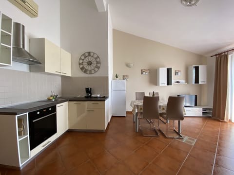 Standard Apartment, Partial Sea View | Private kitchen | Full-size fridge, stovetop, coffee/tea maker, electric kettle