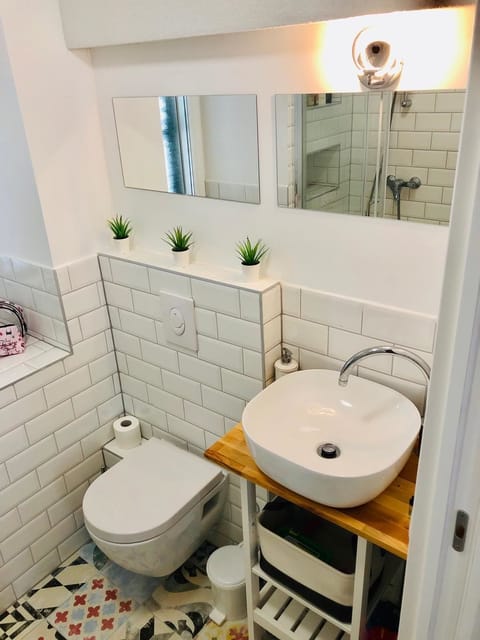 Superior Studio | Bathroom | Shower, hair dryer, towels, toilet paper