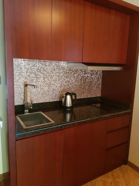 Luxury Apartment | Private kitchen | Fridge, stovetop, electric kettle, cookware/dishes/utensils