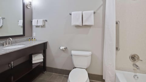 Combined shower/tub, free toiletries, hair dryer, towels