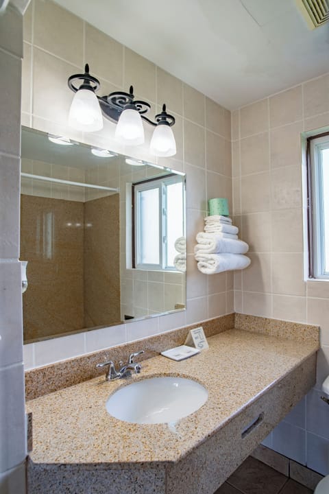 Combined shower/tub, hair dryer, towels