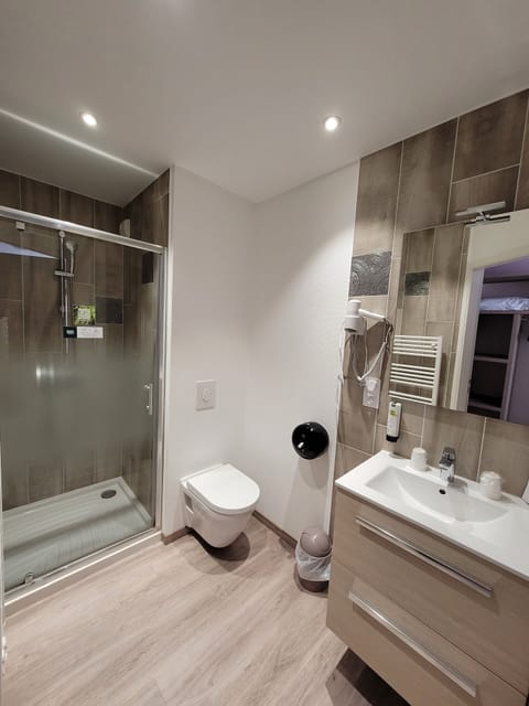 Twin Room, Terrace | Bathroom | Shower, hair dryer, towels, soap