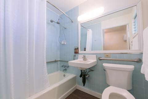 Room, 2 Double Beds, Accessible, Poolside | Bathroom | Combined shower/tub, designer toiletries, hair dryer, towels