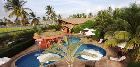 Outdoor pool, pool umbrellas, sun loungers