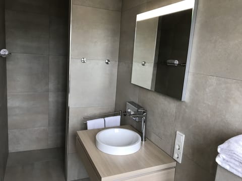 City Double Room | Bathroom | Shower, rainfall showerhead, hair dryer, towels