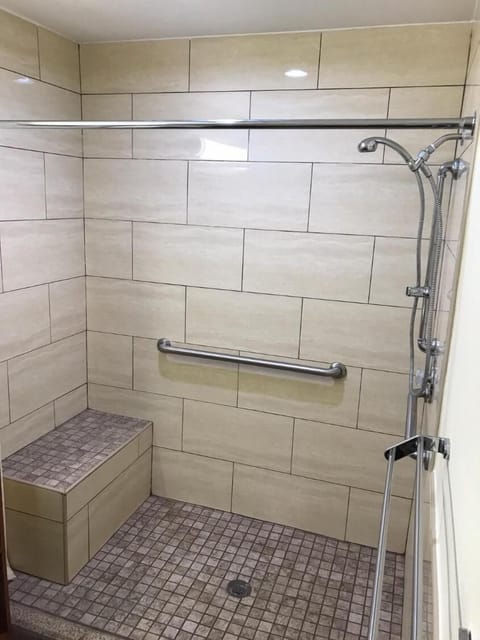 Combined shower/tub, hair dryer, towels