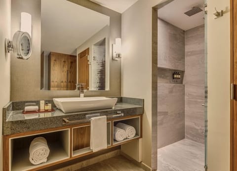 Deluxe Room, 1 King Bed | Bathroom | Shower, hair dryer, towels