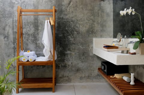 Combined shower/tub, deep soaking tub, hair dryer, bathrobes