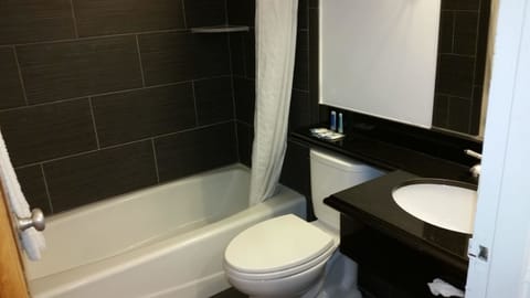 Combined shower/tub, free toiletries, hair dryer, towels