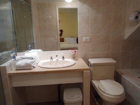 Combined shower/tub, free toiletries, hair dryer, towels