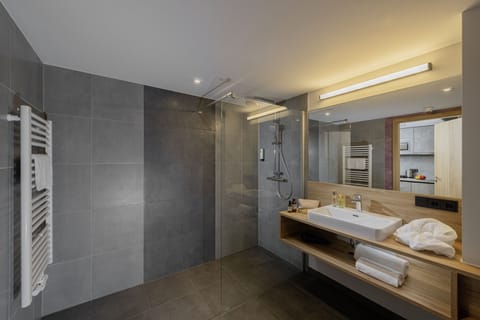 Premier Studio | Bathroom | Shower, rainfall showerhead, hair dryer, towels