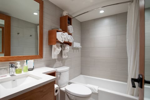 Combined shower/tub, eco-friendly toiletries, hair dryer, towels