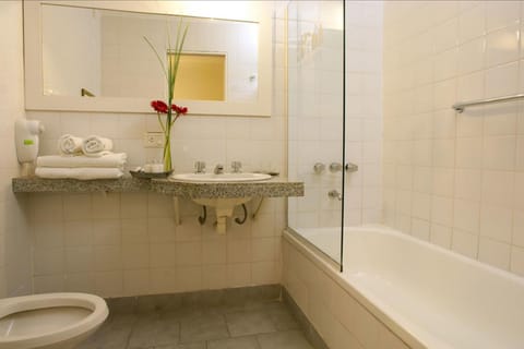 Combined shower/tub, free toiletries, hair dryer, bidet