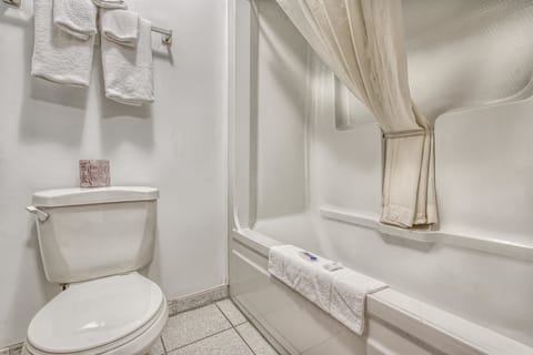 Combined shower/tub, hair dryer, towels, soap