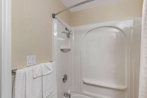 Combined shower/tub, hair dryer, towels, soap