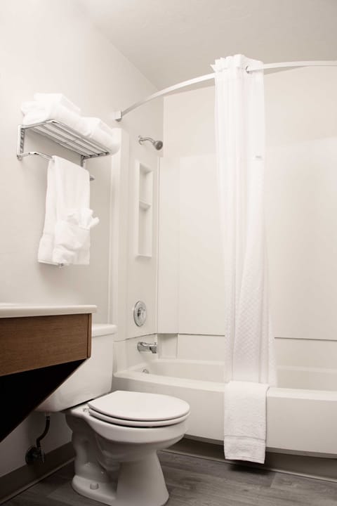 Combined shower/tub, hydromassage showerhead, hair dryer, towels