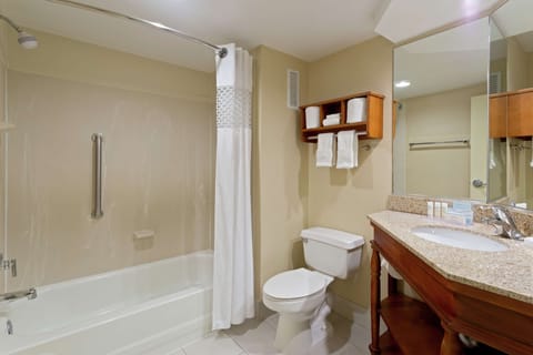 Combined shower/tub, deep soaking tub, free toiletries, hair dryer