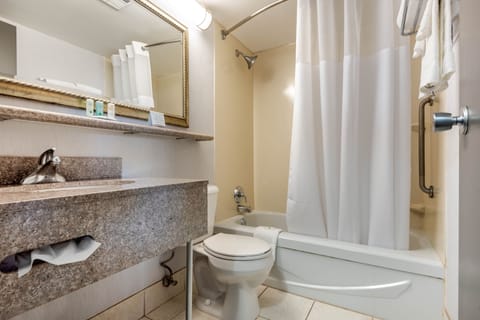 Combined shower/tub, free toiletries, hair dryer, towels