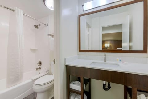 Combined shower/tub, deep soaking tub, free toiletries, hair dryer