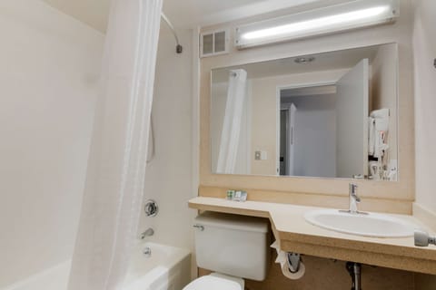 Combined shower/tub, free toiletries, hair dryer, towels