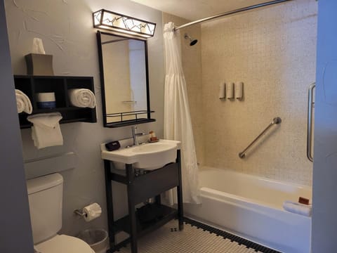 Combined shower/tub, free toiletries, hair dryer, bathrobes