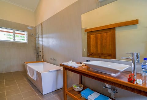 Deluxe Studio Suite | Bathroom | Separate tub and shower, deep soaking tub, hair dryer, towels