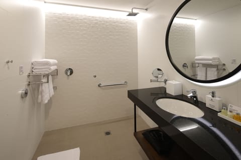 Deluxe Room, 1 Queen Bed, Accessible | Bathroom | Shower, rainfall showerhead, hair dryer, bathrobes