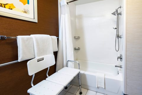 Combined shower/tub, free toiletries, hair dryer, towels