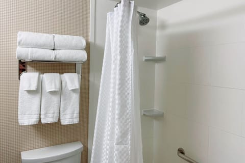 Combined shower/tub, free toiletries, hair dryer, towels