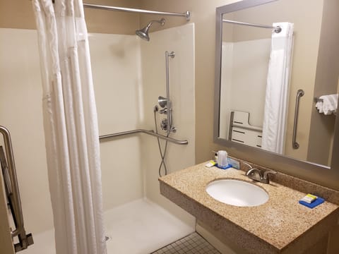 Room, 1 Queen Bed, Accessible, Non Smoking (Communications, Roll-In Shower) | Bathroom | Combined shower/tub, free toiletries, hair dryer, towels