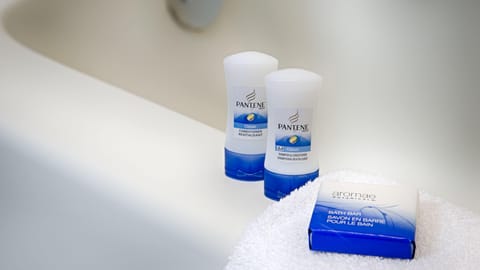 Eco-friendly toiletries, hair dryer, towels