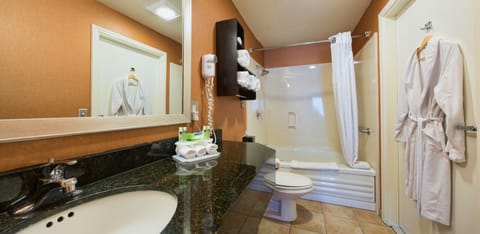 Combined shower/tub, deep soaking tub, free toiletries, hair dryer