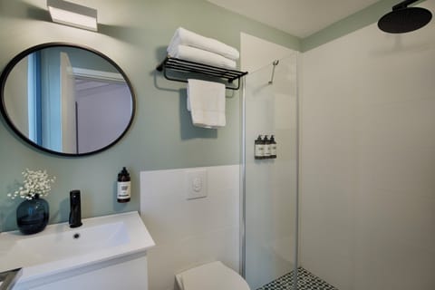 Room (The Cave) | Bathroom | Shower, rainfall showerhead, hair dryer, towels