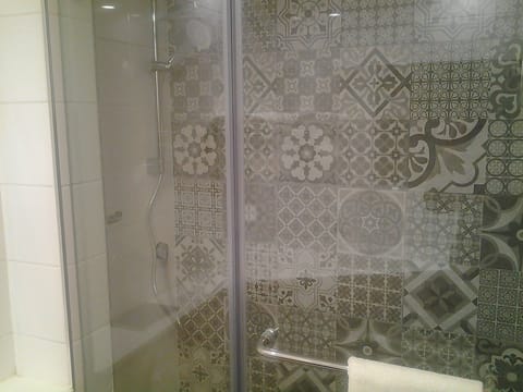 Combined shower/tub, hair dryer, towels