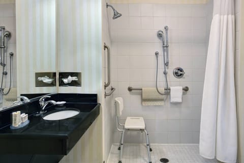 Combined shower/tub, free toiletries, hair dryer, towels