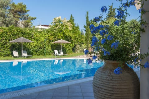 Outdoor pool, pool umbrellas, sun loungers