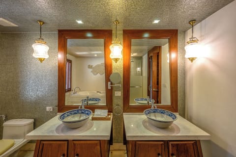 Separate tub and shower, jetted tub, rainfall showerhead