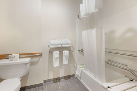 Combined shower/tub, free toiletries, hair dryer, towels