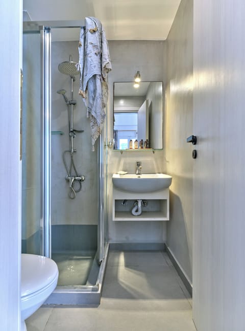 Shower, rainfall showerhead, designer toiletries, hair dryer