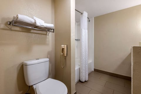 Combined shower/tub, free toiletries, hair dryer, towels