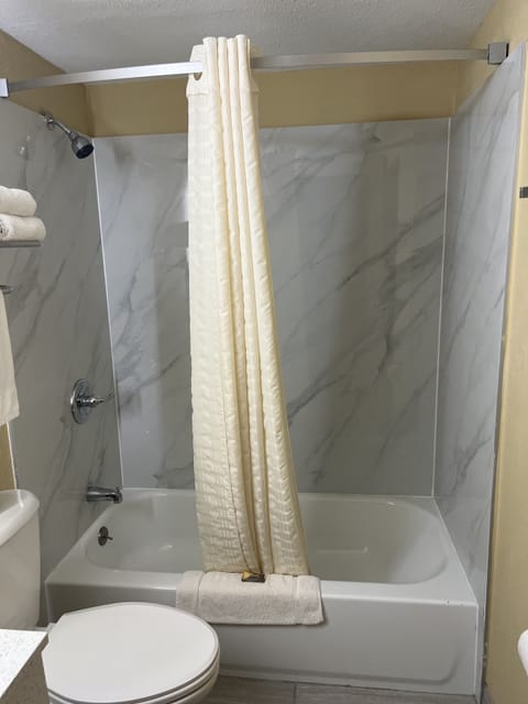 Combined shower/tub, free toiletries, hair dryer, towels