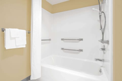 Combined shower/tub, free toiletries, hair dryer, towels