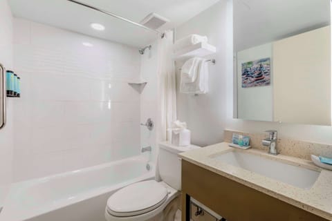 Combined shower/tub, free toiletries, hair dryer, towels